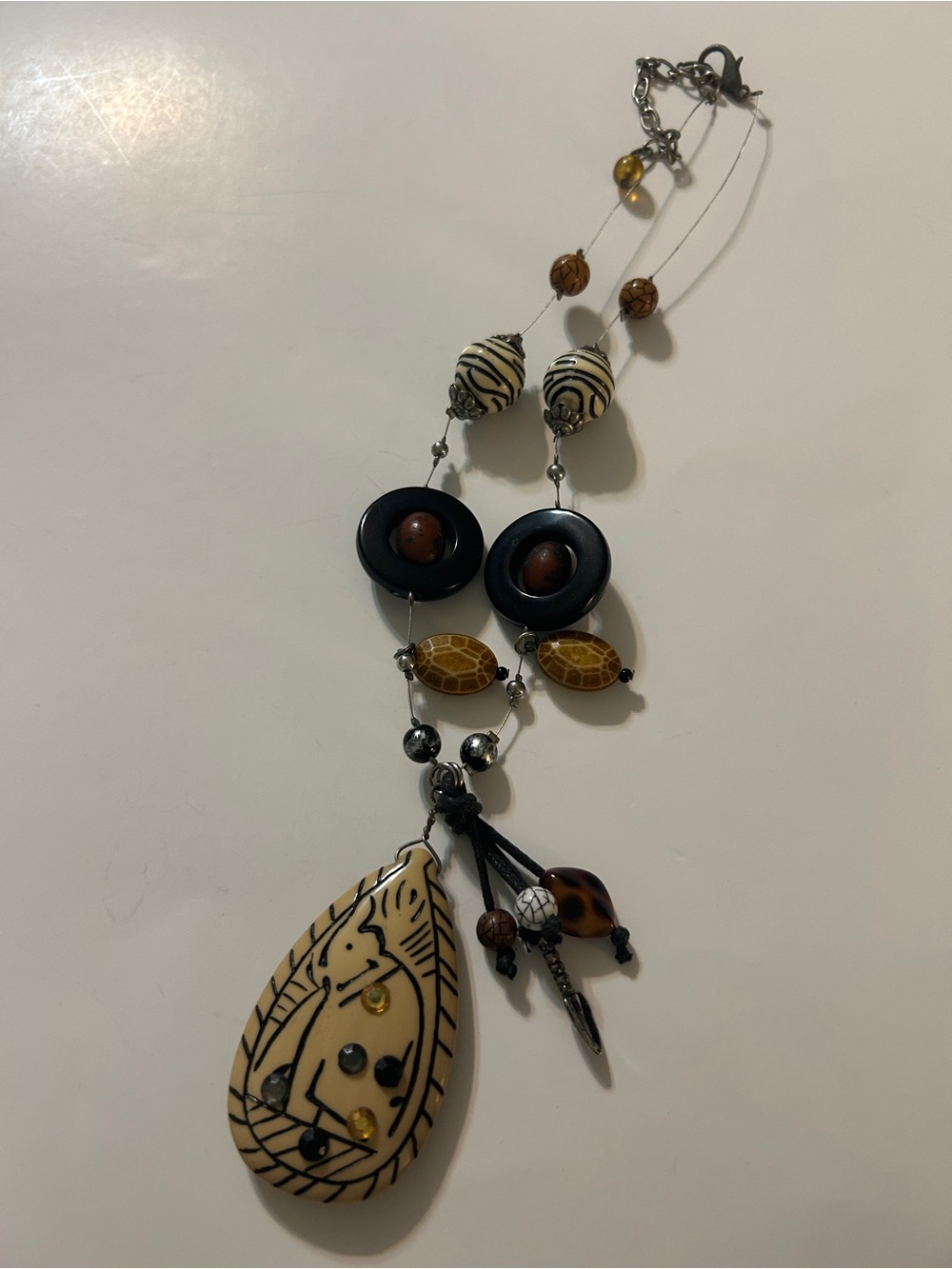 Handcrafted Boho Teardrop Pendant Necklace in Cream & Brown